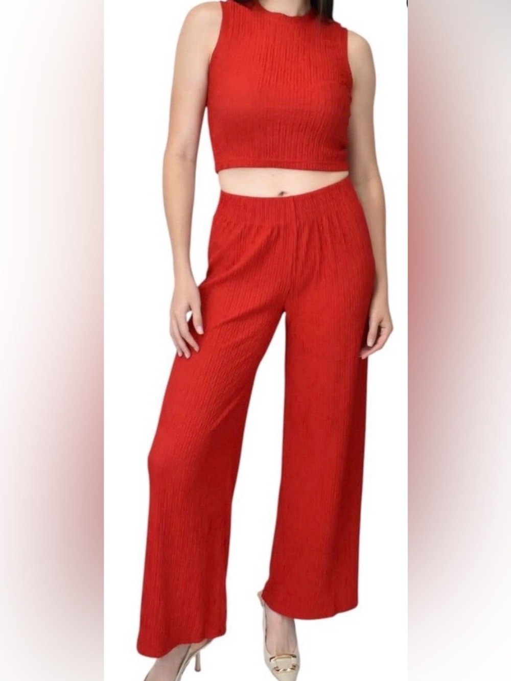 Women's Wide-Leg Red Palazzo Pants with Elastic Waist
